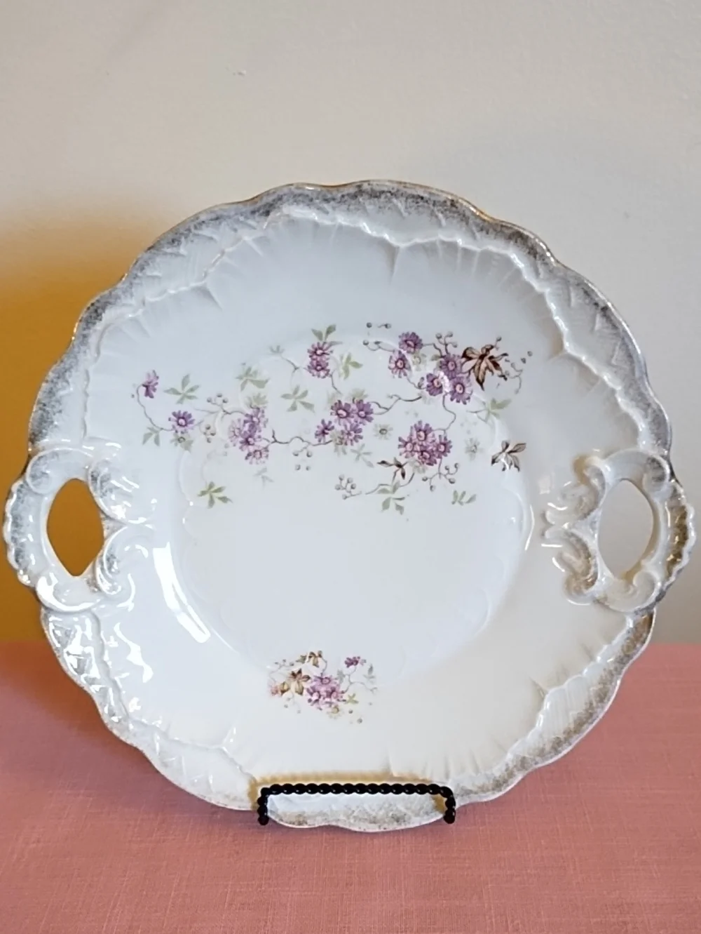 BEAUTIFUL PORCELAIN SERVING PLATE, WITH HANDLES ON EACH SIDE, AND LOVELY FLOWERS